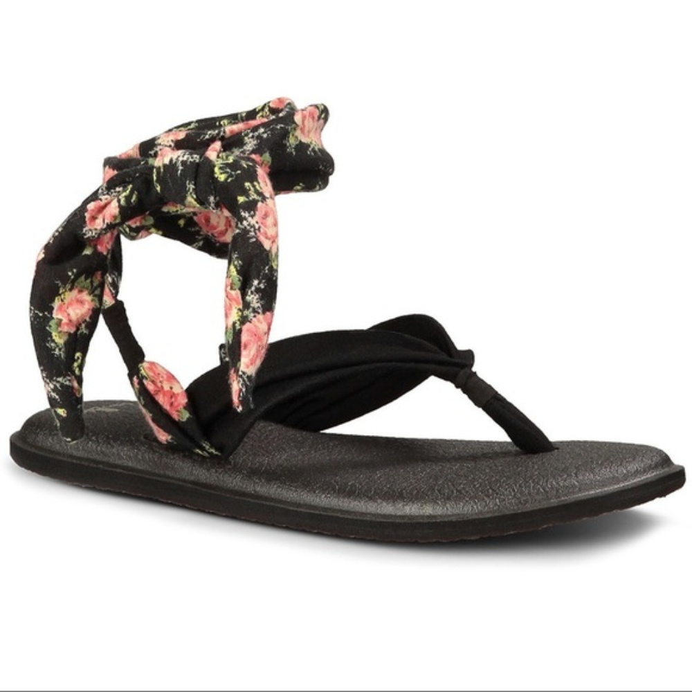Sanuk black ankle wrap floral sandals Size 8